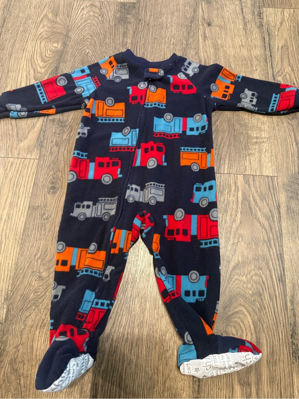 Carter's Navy Fleece Footed One-Piece with Red, Orange & Blue Fire Truck Print